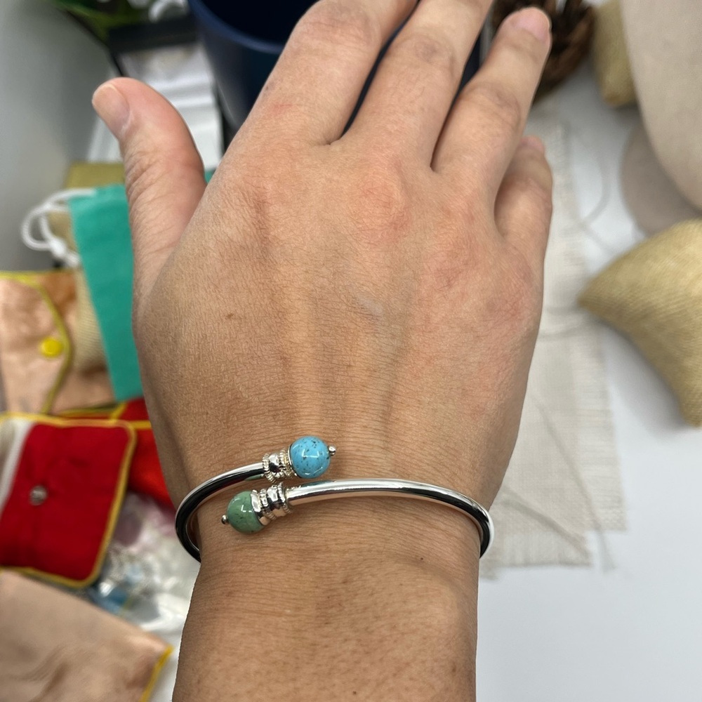 Vintage 925 Sterling Silver Front-Open Torque Bracelet - Turquoise - Picture 13 of 17